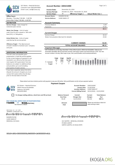 États Unis, Californie, Santa Clarita SCV Water, modèle de facture de services publics aux formats Word et PDF